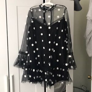 Lena Sheer Overlay High Neck Polka Dot Dress Black